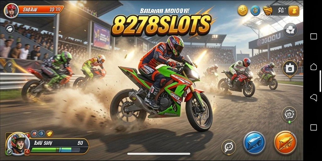 Gameplay menegangkan dalam 8278SLOTS saat balapan motor.