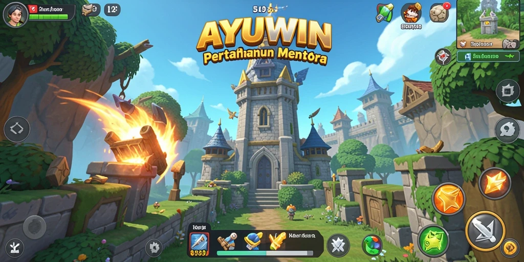 Tampilan gameplay AYUWIN dalam pertahanan menara yang menarik.