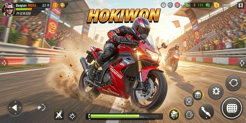 Gameplay HOKIWON dengan motor balap yang cepat dan jalur menarik.