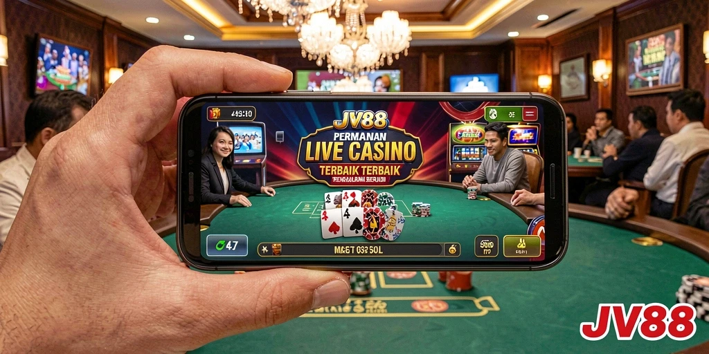 Tampilan screenshot JV88 dengan dealer langsung dalam permainan Live Casino.