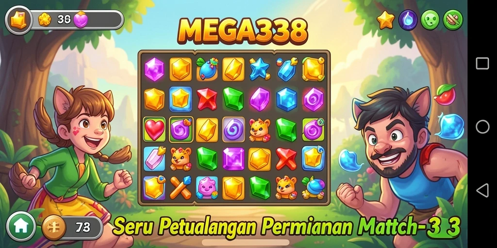 Screenshot MEGA338 menampilkan gameplay seru dengan elemen Match-3 yang menarik.