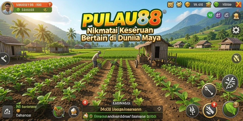 Tampilan gameplay PULAU88 dengan kebun yang memukau dan hewan ternak yang aktif.
