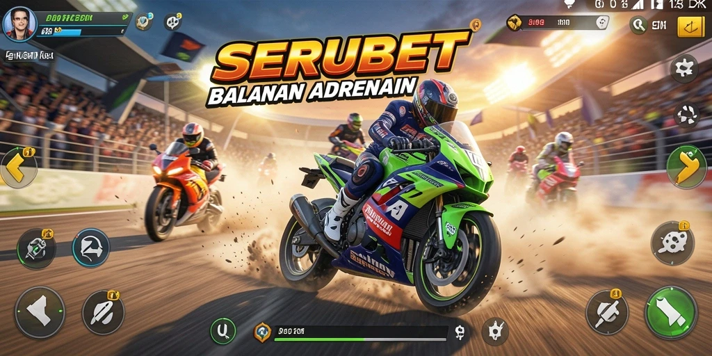 Gameplay SERUBET menampilkan balapan motor yang mendebarkan.